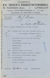 712119 Nota ('Volgbriefje') van R. Takken Gzn., N.V. Takken’s Brandstoffenhandel, Contractante der Staatsmijnen in ...